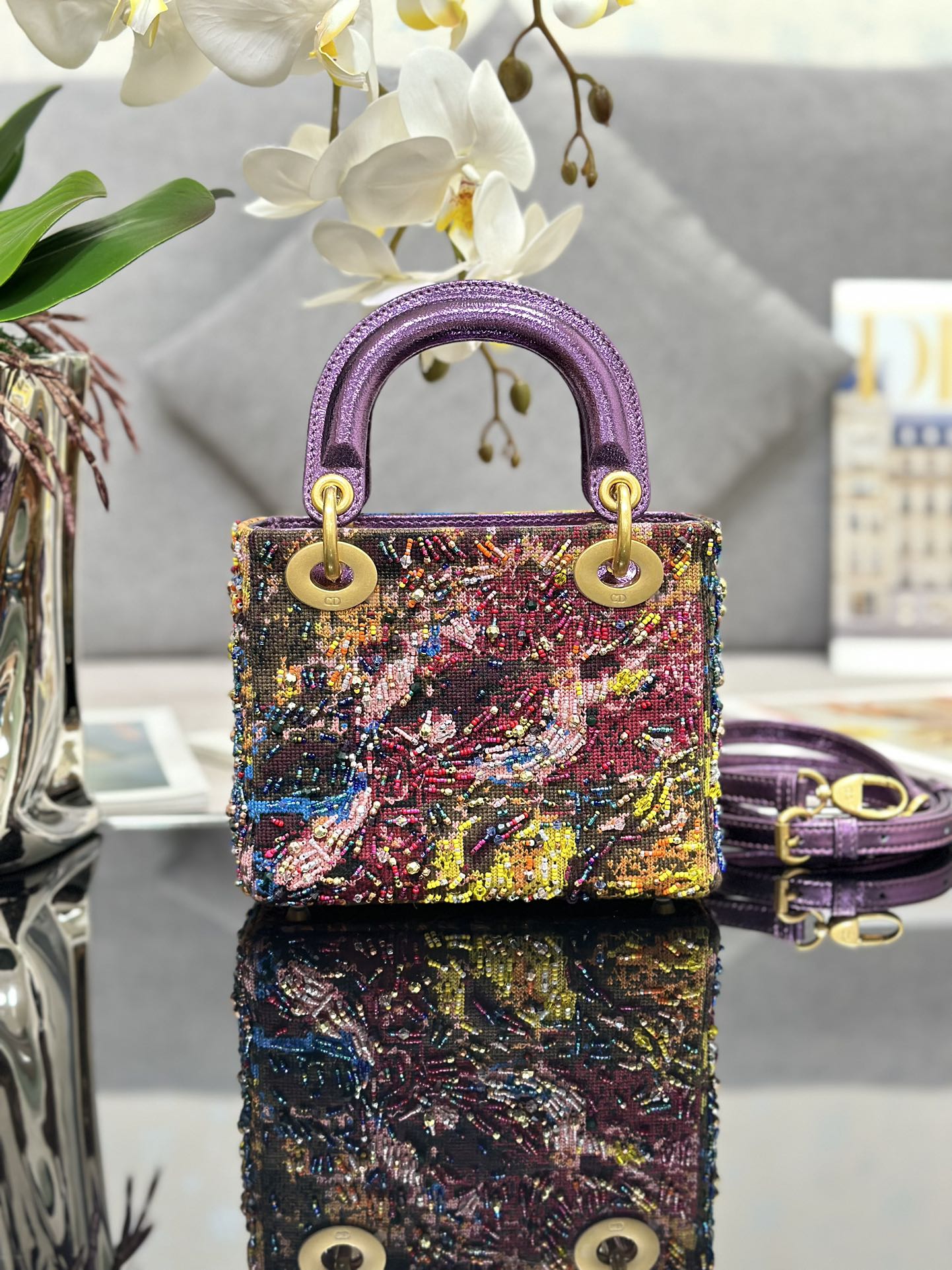 Mini Lady Dior Bag Purple Calfskin Embroidered with Paint Beads